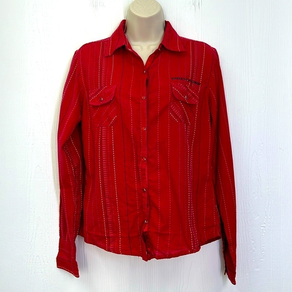 Harley Davidson - Cowboy Western Striped Red Button Snap Long Sleeve Blouse Med